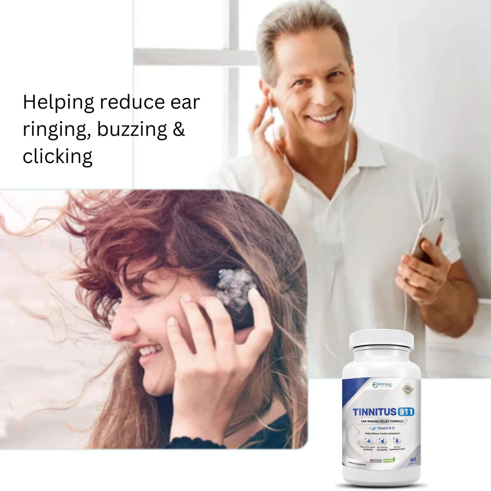 Tinnitus 911 bottle label closeup emphasizes all-natural ingredients for everyday wellness.