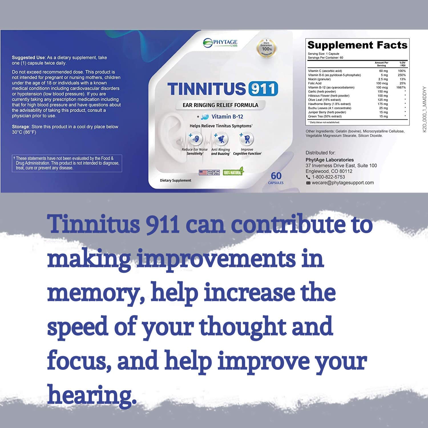 Tinnitus 911 bottle with glass of water sits on a bedside table.