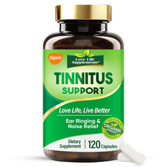 Bottle of tinnitus relief supplement with 1200mg Vitamin C & B Complex