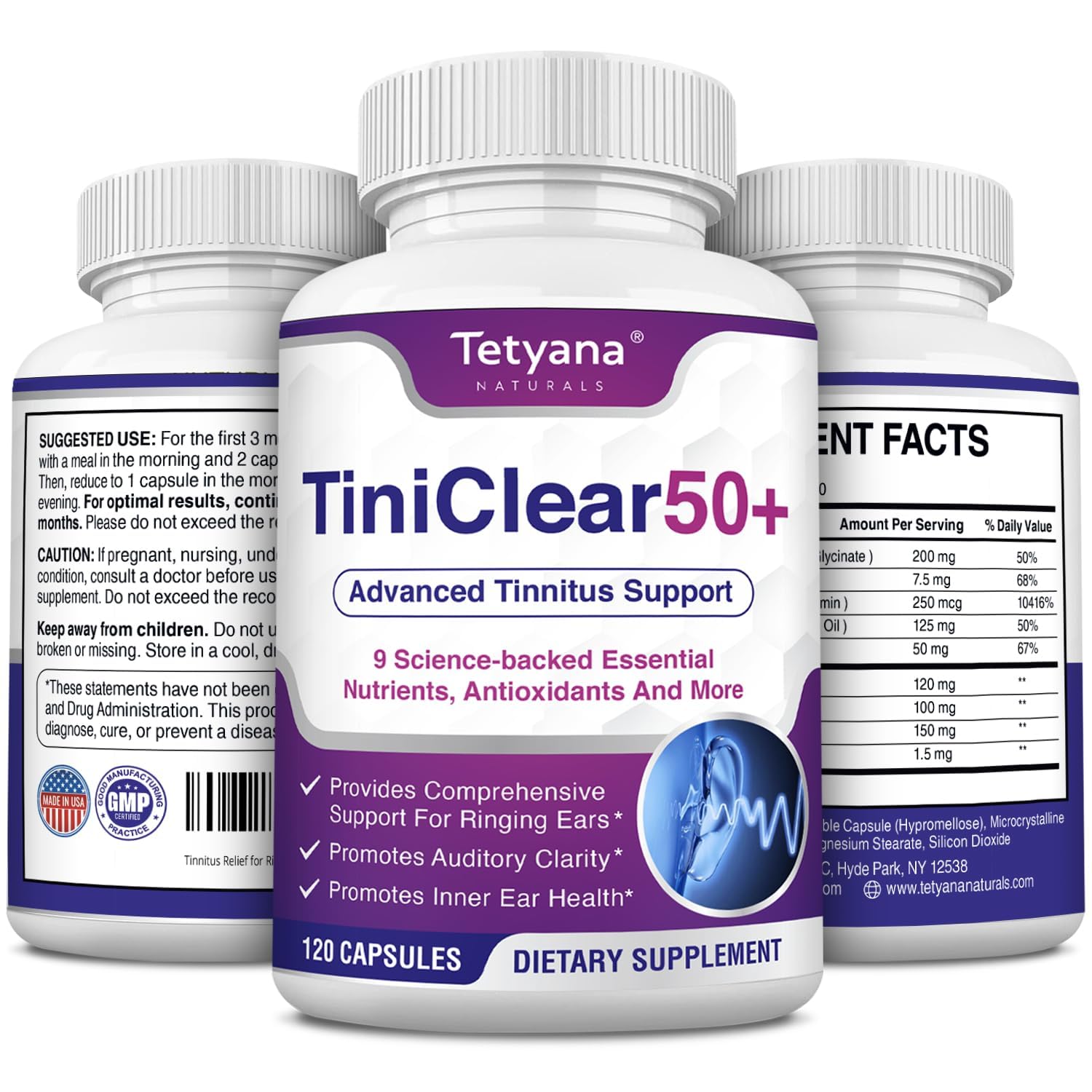 Tinnitus Relief for Ringing Ears bottle and capsules on a clean background