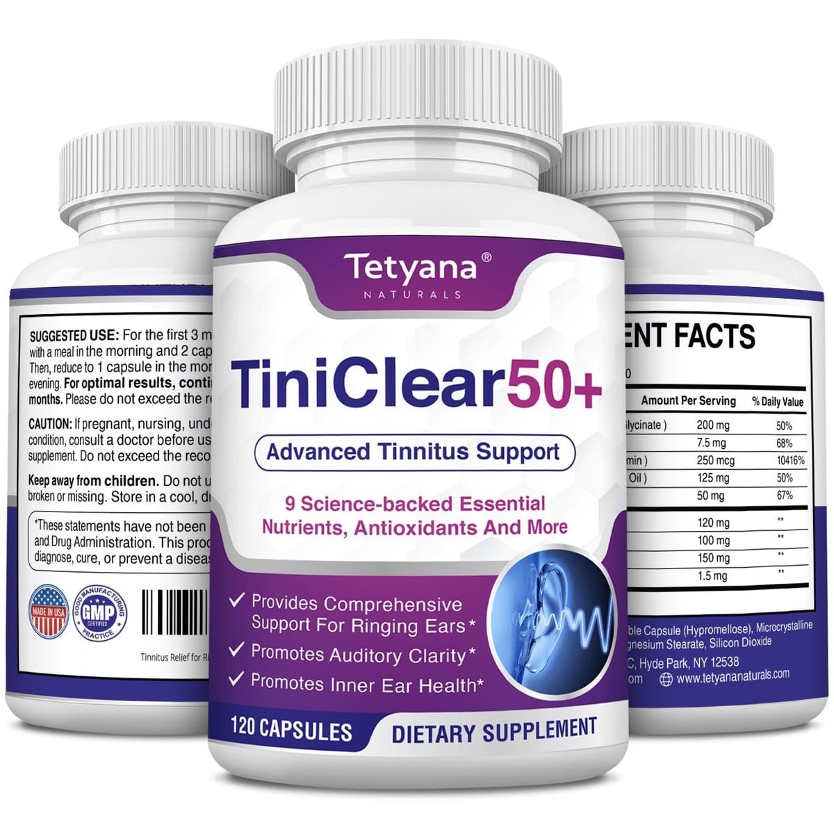 Tinnitus Relief for Ringing Ears bottle and capsules on a clean background