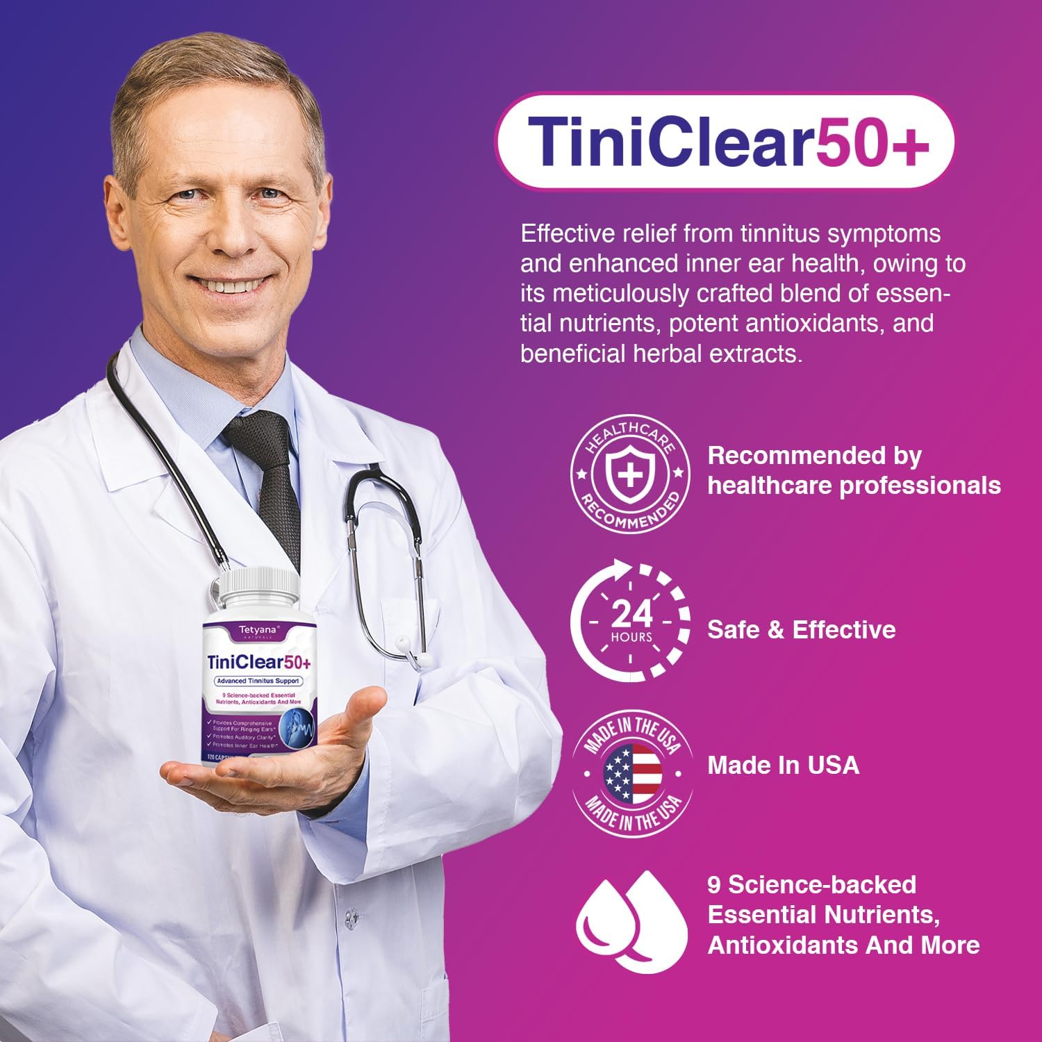 Close-up of tinnitus relief bottle label and capsules