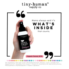 Tiny Human Supply Co Down Under hands applying the mist on sensitive skin