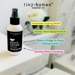 Tiny Human Supply Co Down Under herbal spray packaging box highlights 97% organic ingredients