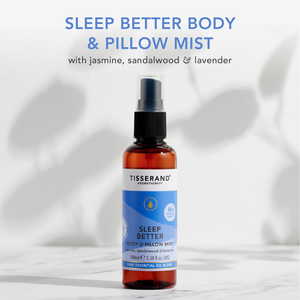 Tisserand Sleep Pillow Mist spraying onto bed linen to create a soothing sleep space.