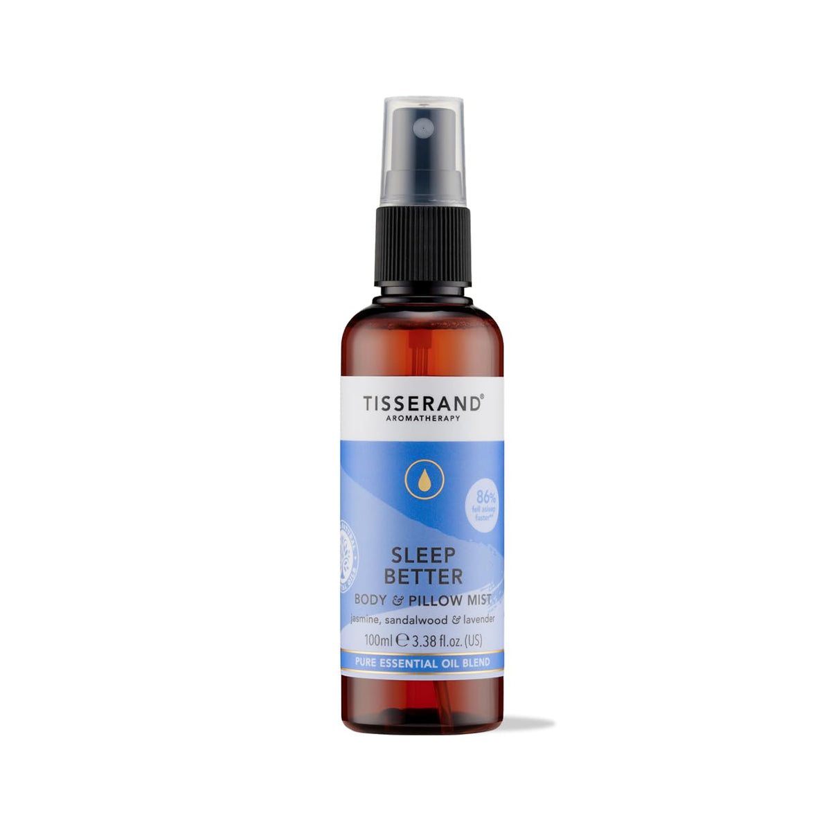 Tisserand Sleep Pillow Mist bottle ready for bedside use with calming lavender, promotes relaxation before sleep.