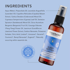 Tisserand Sleep Pillow Mist on bedside table with warm lighting for night routine.