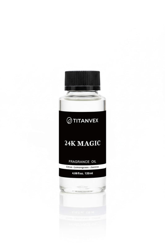 TitanVex 24K Magic Diffuser Oil bottle shows long-lasting fragrance for refined rooms.