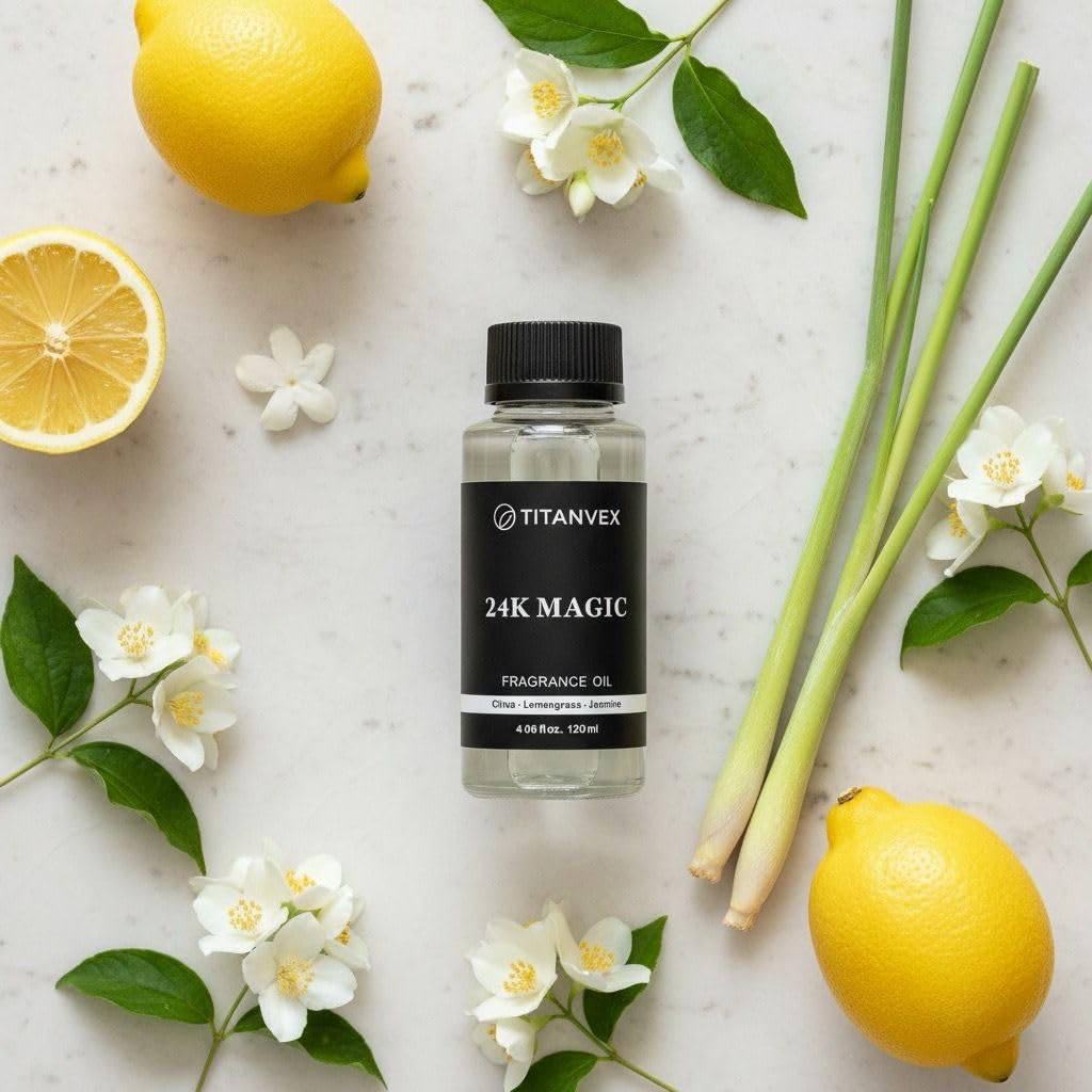 TitanVex 24K Magic Diffuser Oil citrus note closeup highlights bright aroma.