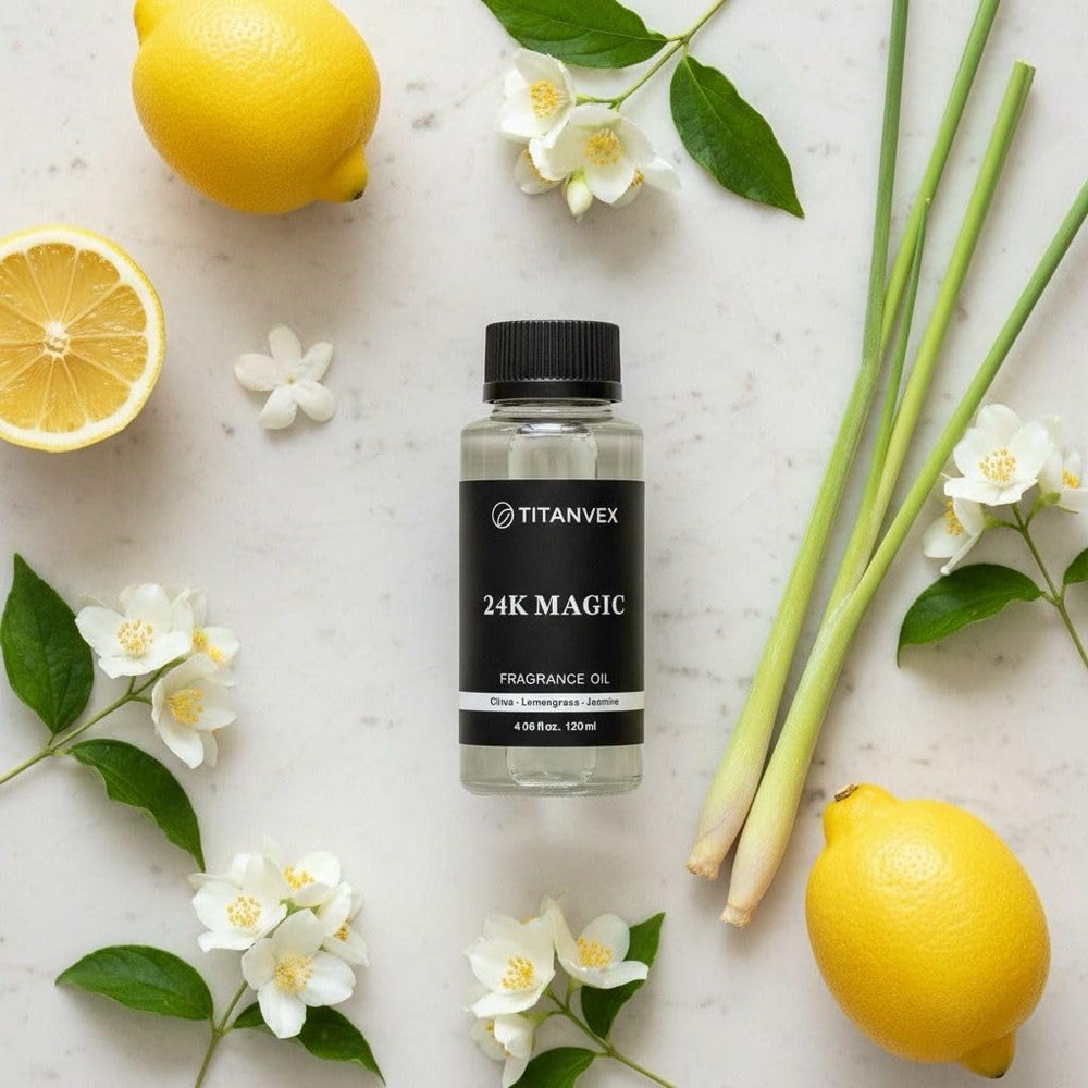 TitanVex 24K Magic Diffuser Oil citrus note closeup highlights bright aroma.