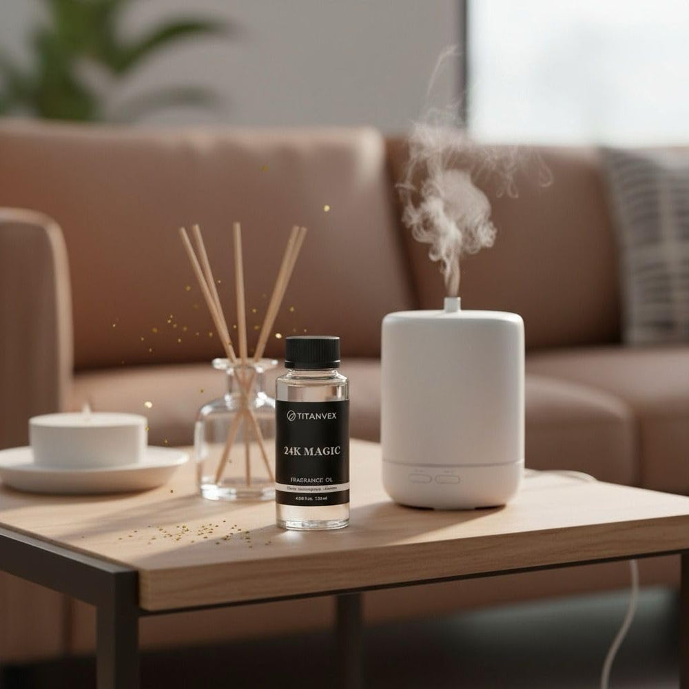 TitanVex 24K Magic Diffuser Oil jasmine note closeup conveys floral sophistication.