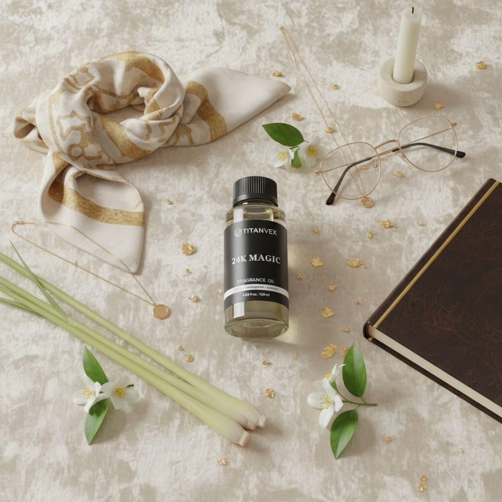 TitanVex 24K Magic Diffuser Oil label closeup highlights premium essential oils.