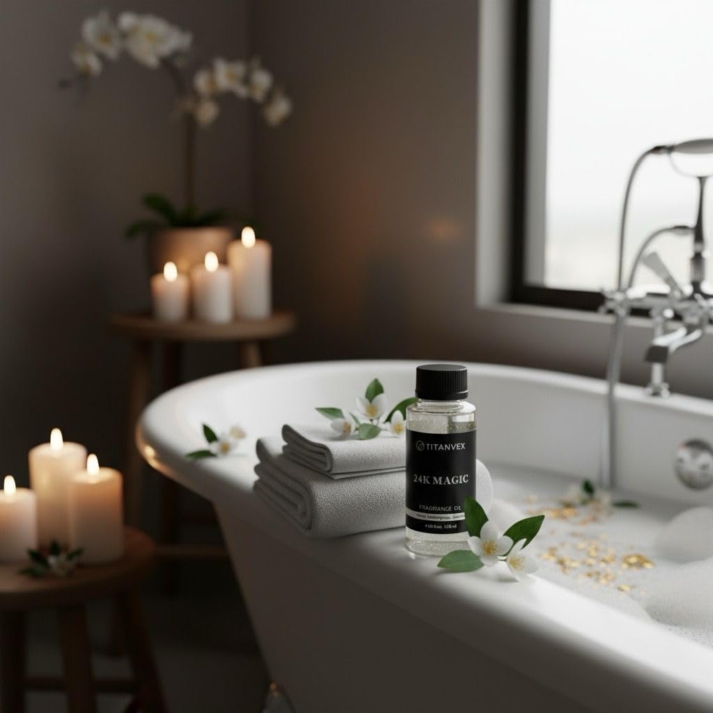 TitanVex 24K Magic Diffuser Oil lily note closeup suggests serene ambiance.