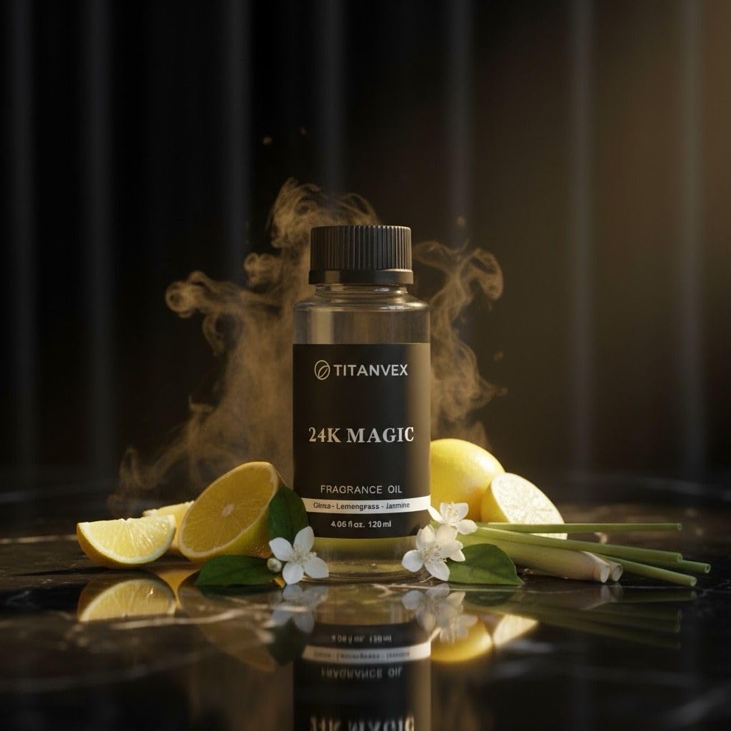TitanVex 24K Magic Diffuser Oil packaging box on display evokes luxury hotel vibes.