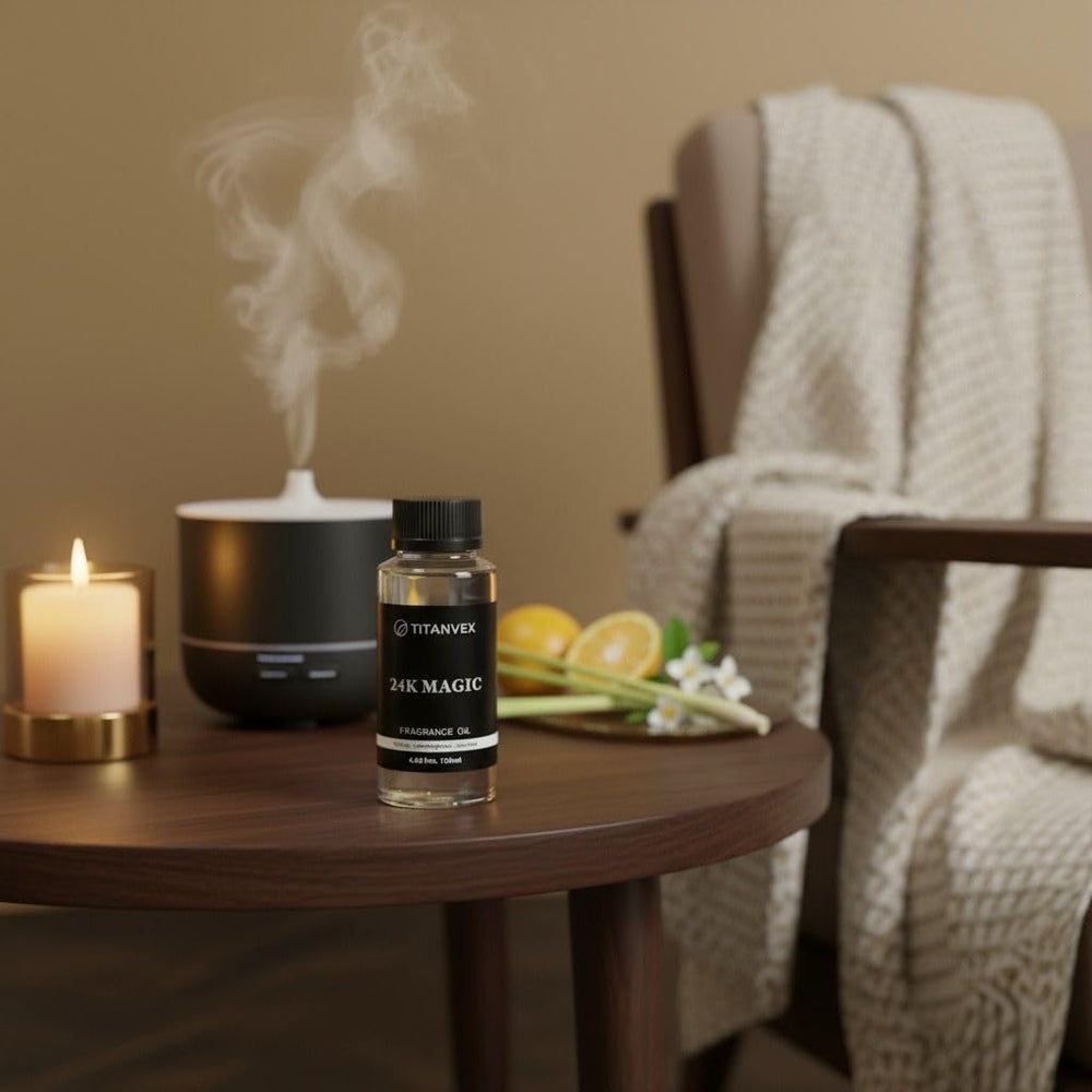 TitanVex 24K Magic Diffuser Oil room ambiance shot reinforces calm home scent.
