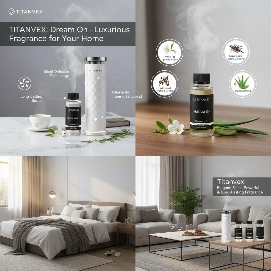 TitanVex Dream On vegan aroma oil emphasizes clean, cruelty-free home fragrance.