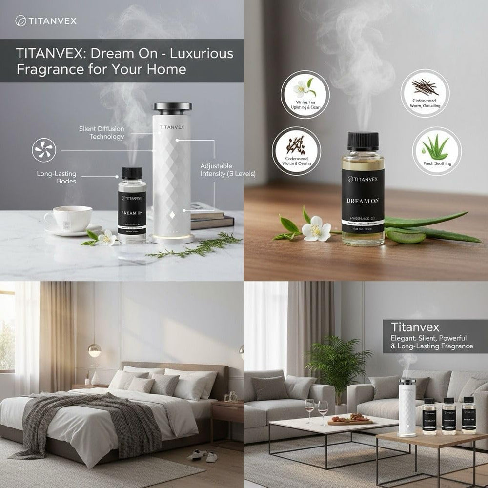 TitanVex Dream On vegan aroma oil emphasizes clean, cruelty-free home fragrance.