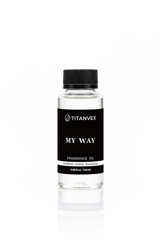 TitanVex luxury-diffuser-oil-bottle-pour shows sandalwood cedar iris aroma for calming home ambiance.