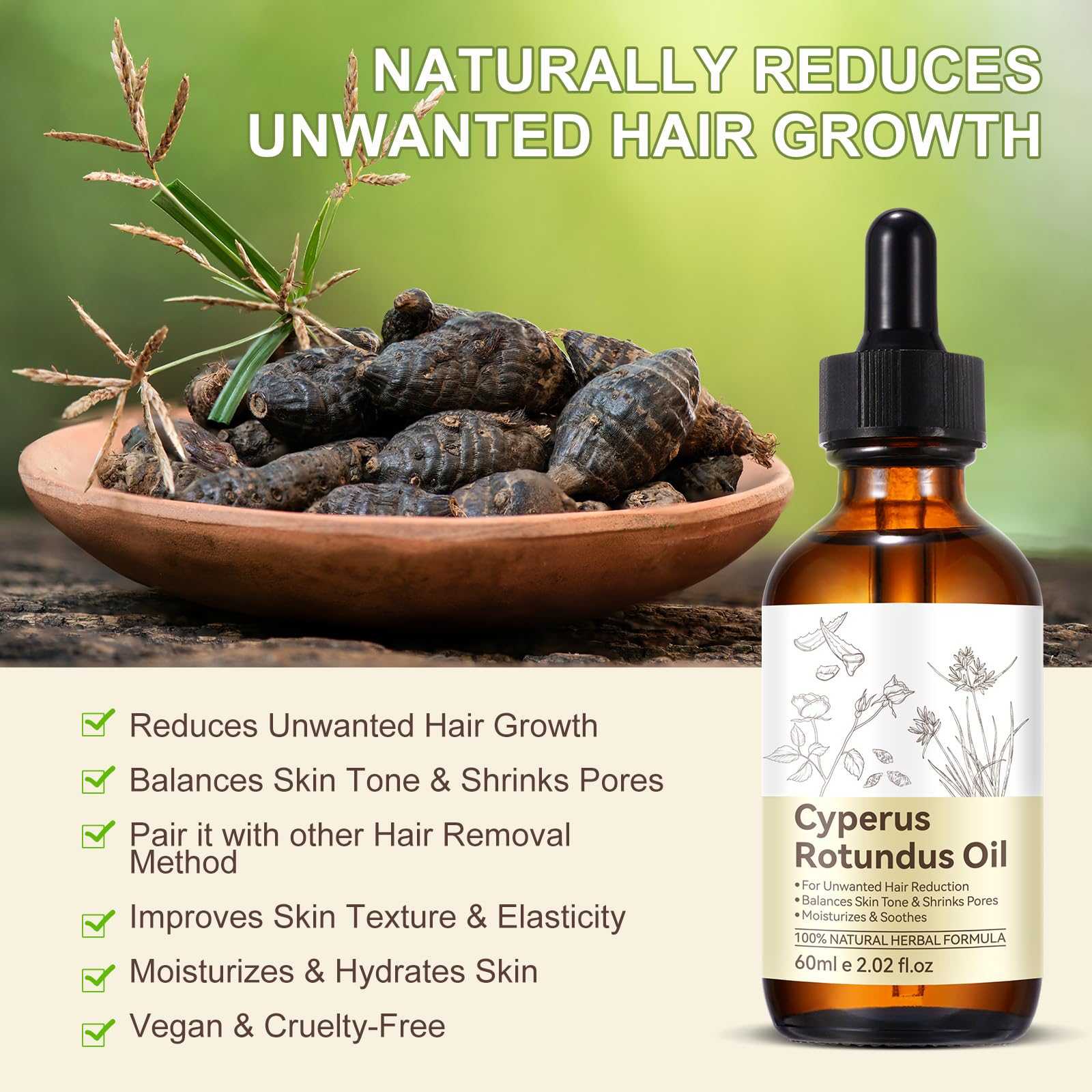 Ingredient panel emphasizes natural components in Tiuedu Cyperus Oil.