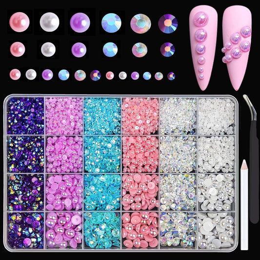 Tiwnefua 24Grid blue flatback pearls and rhinestones add subtle sparkle to nails.
