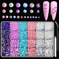 Tiwnefua 24Grid blue flatback pearls and rhinestones add subtle sparkle to nails.
