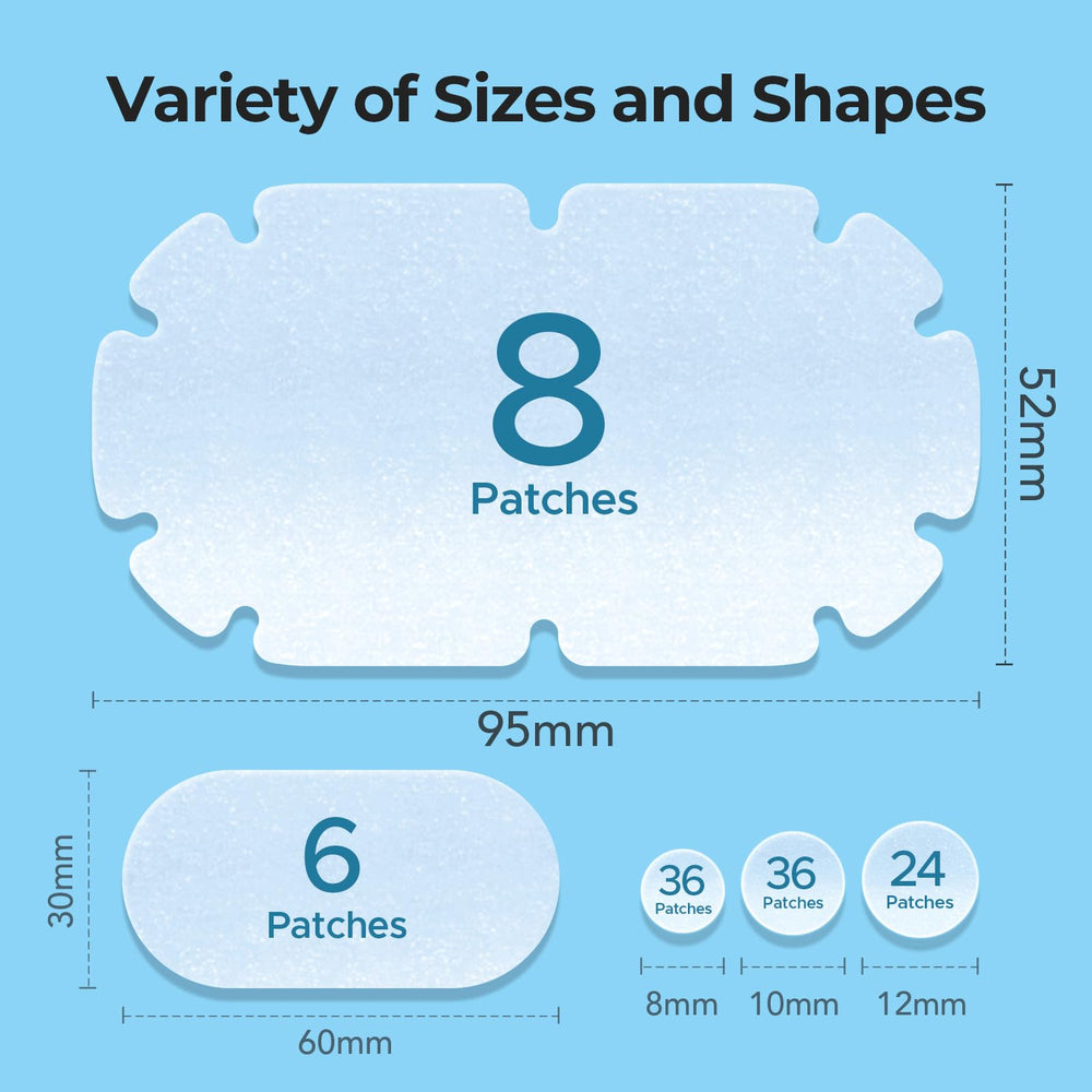 Layout of five patch sizes showing versatile acne coverage options.