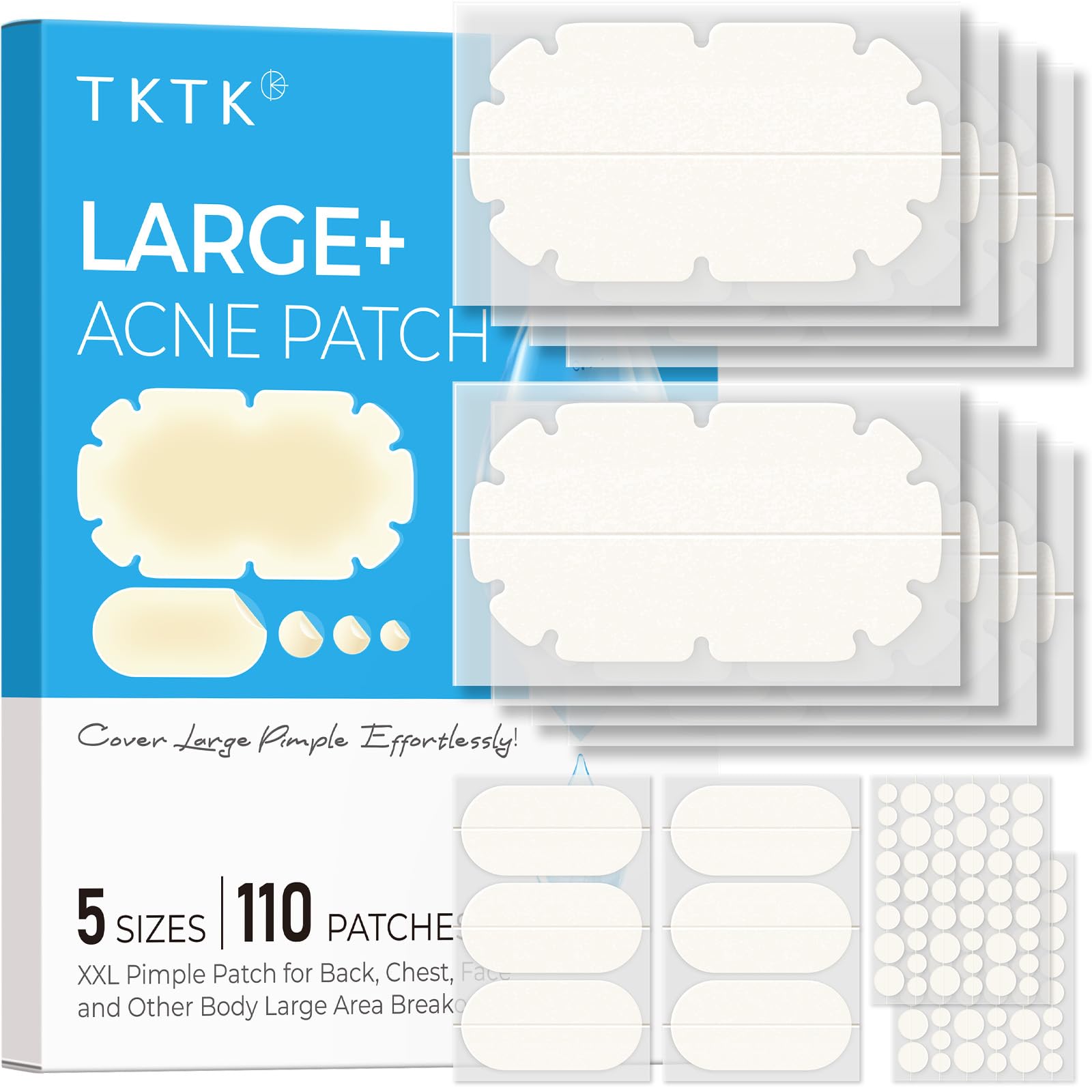 TKTK XXL body patch on the back for broad acne coverage and discreet wear.