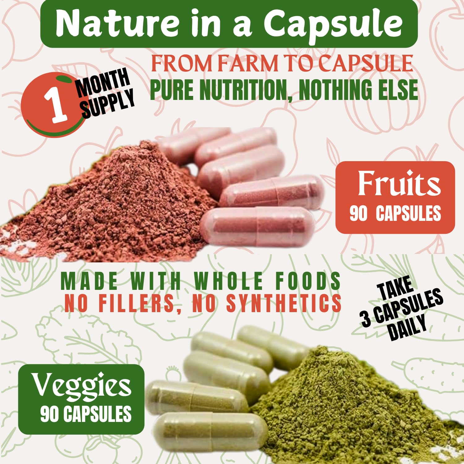 Two bottles of TM NATURALS Fruit & Veggies capsules