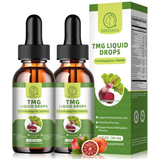 Blood orange flavored TMG 1000mg liquid drops bottle on white background