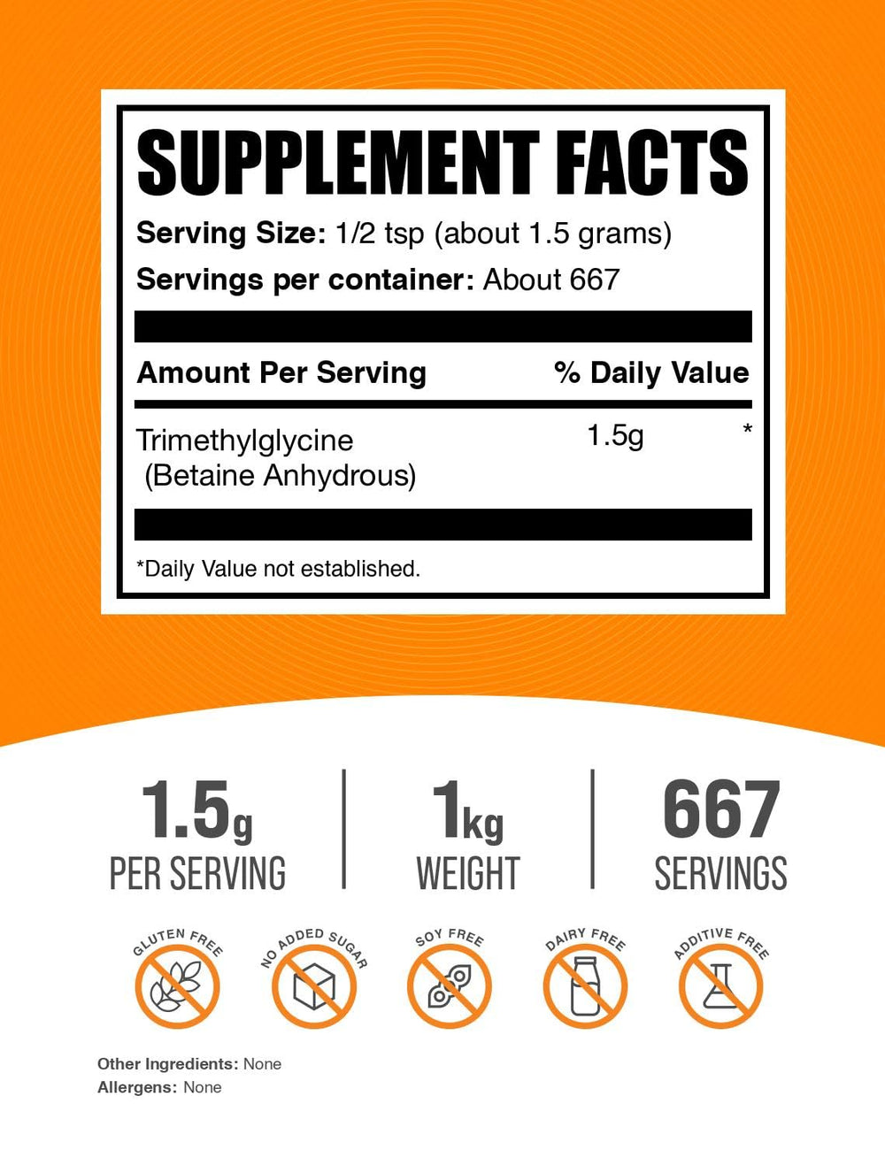 Unflavored gluten free TMG powder in 1 kg bag