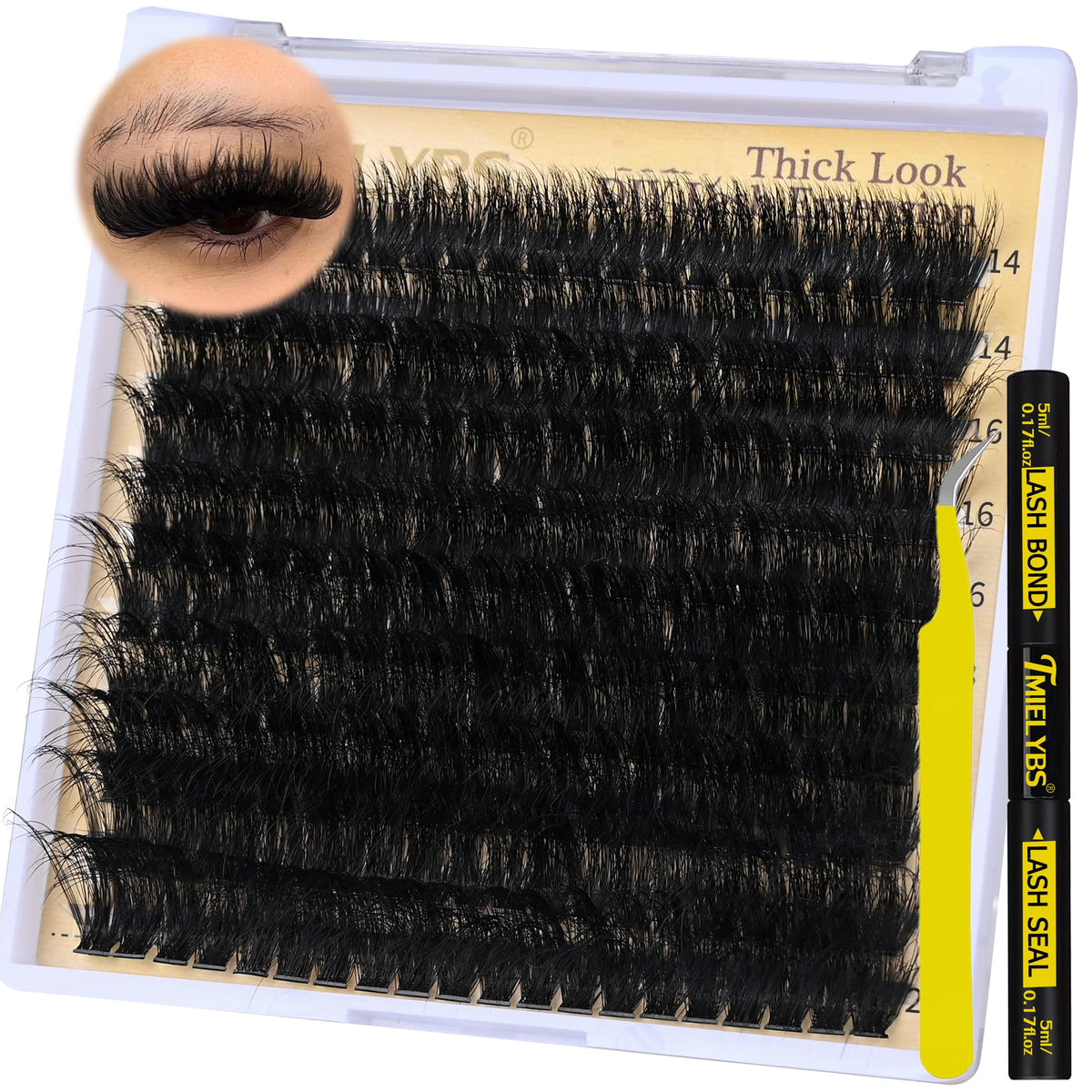 TMIELYBS Thick Lash Clusters Kit with 200 clusters and bond & seal for at-home use.