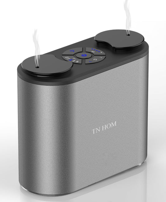 TN HOM waterless diffuser gray front view for portable scent at home, car, or hotel.