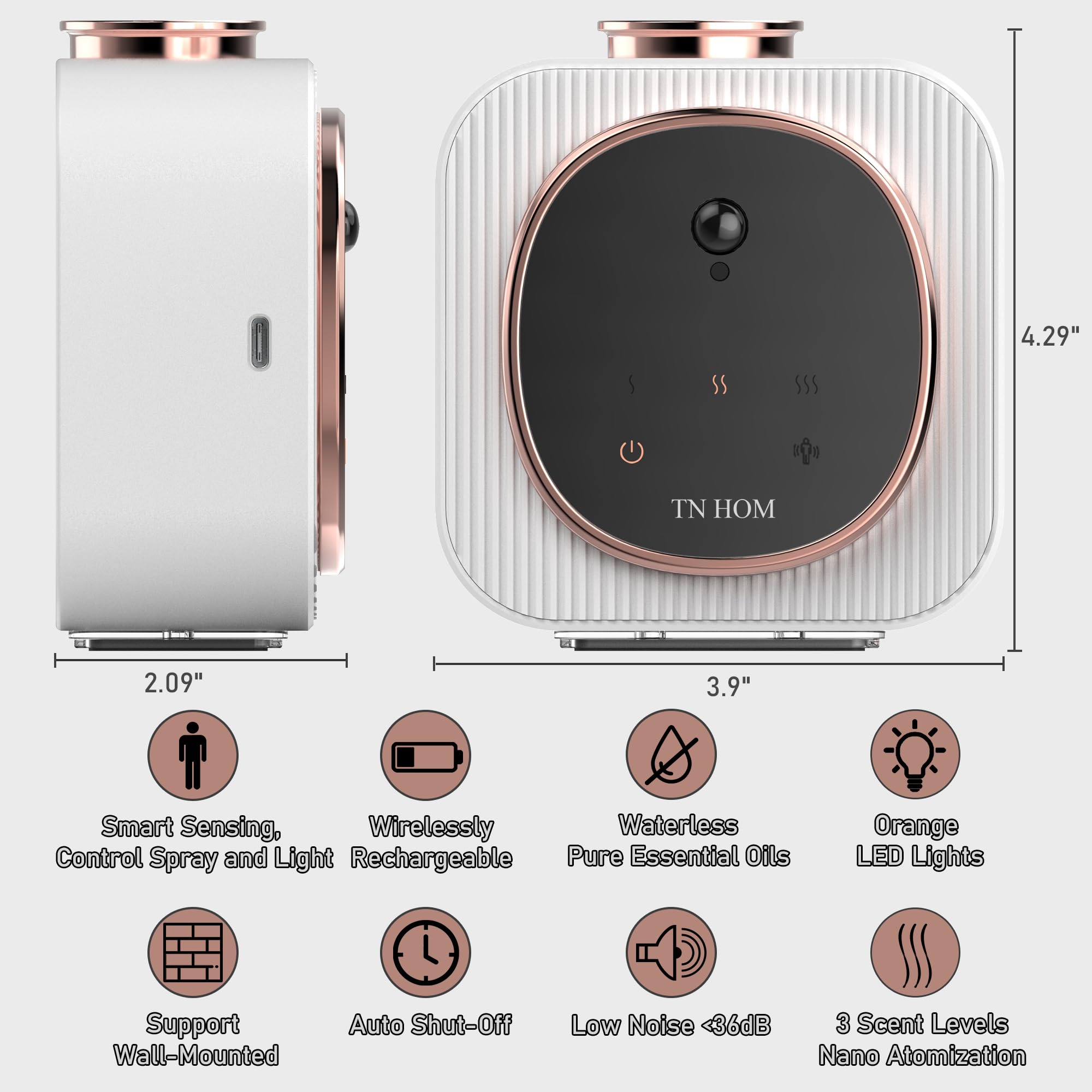 TN HOM Waterless Diffuser side panel provides effortless cordless control on a desk or table.