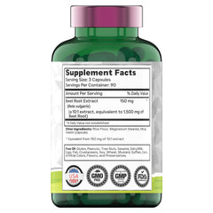 Nutrients found in beet root capsules: potassium, magnesium, iron, vitamins A, C, B6, and folate.