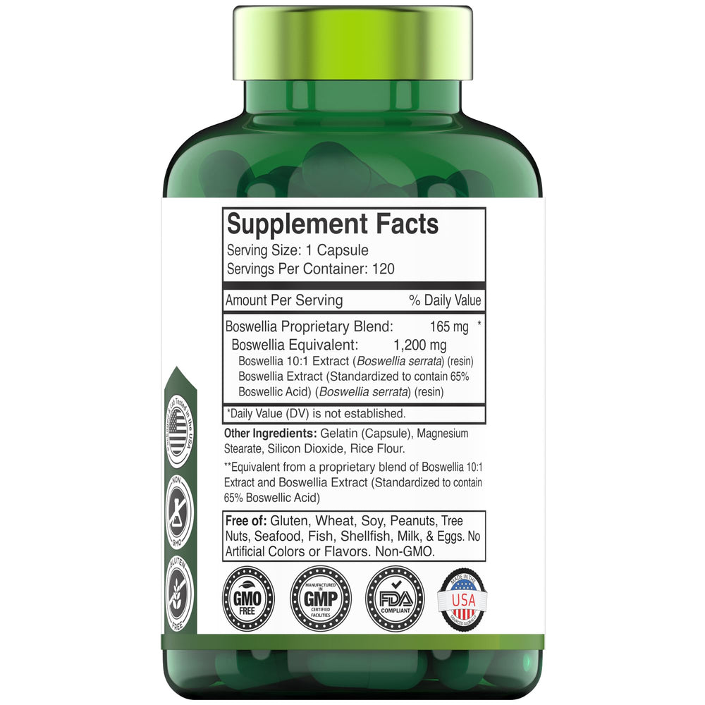 Back label showing supplement facts for Boswellia Serrata capsules