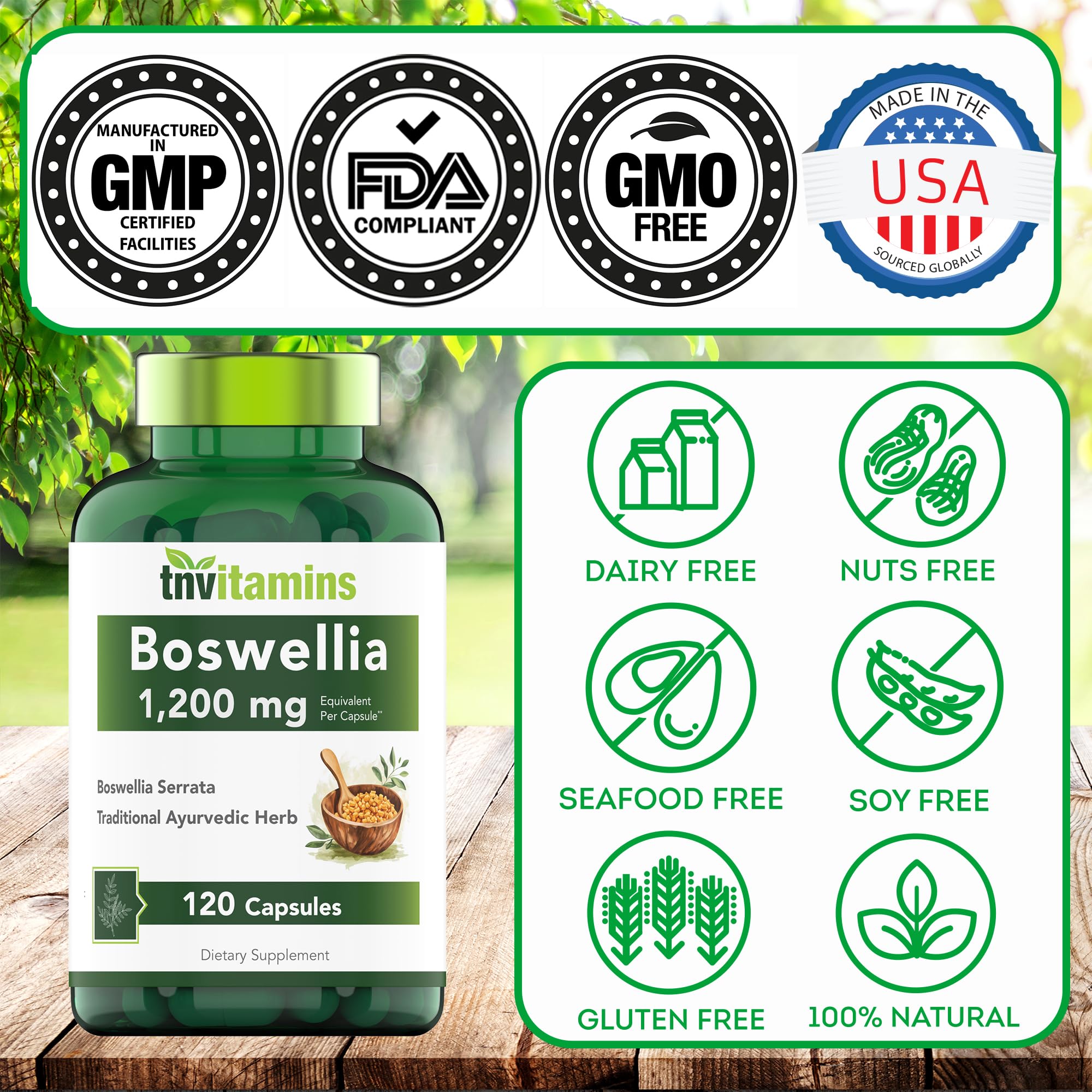 Product label detailing ingredients and Ayurvedic herb Boswellia