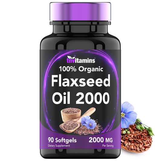tnvitamins Organic Flaxseed Oil Softgels bottle showing 2000 mg per serving, 90 count