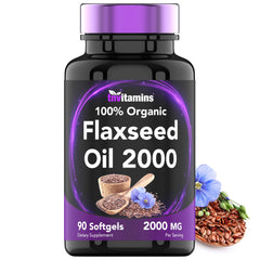 tnvitamins Organic Flaxseed Oil Softgels bottle showing 2000 mg per serving, 90 count