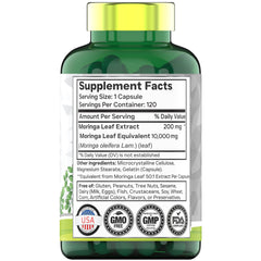 Back view of TNVitamins Moringa Capsules bottle with label details