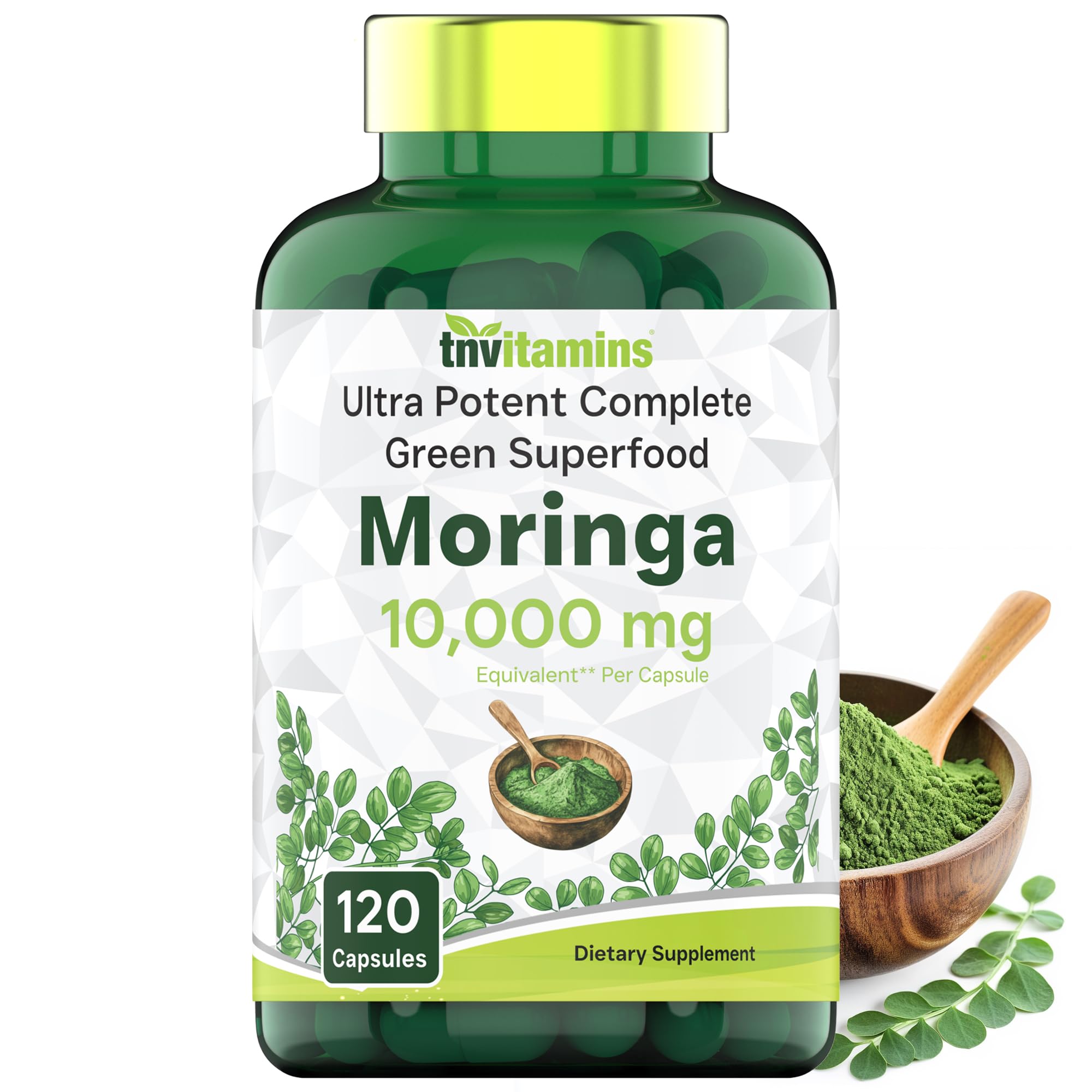 Front view of TNVitamins Moringa Capsules bottle showing 10000 mg per capsule and 120 count