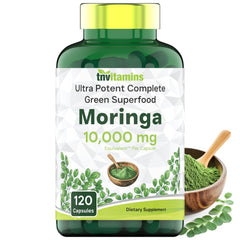 Front view of TNVitamins Moringa Capsules bottle showing 10000 mg per capsule and 120 count