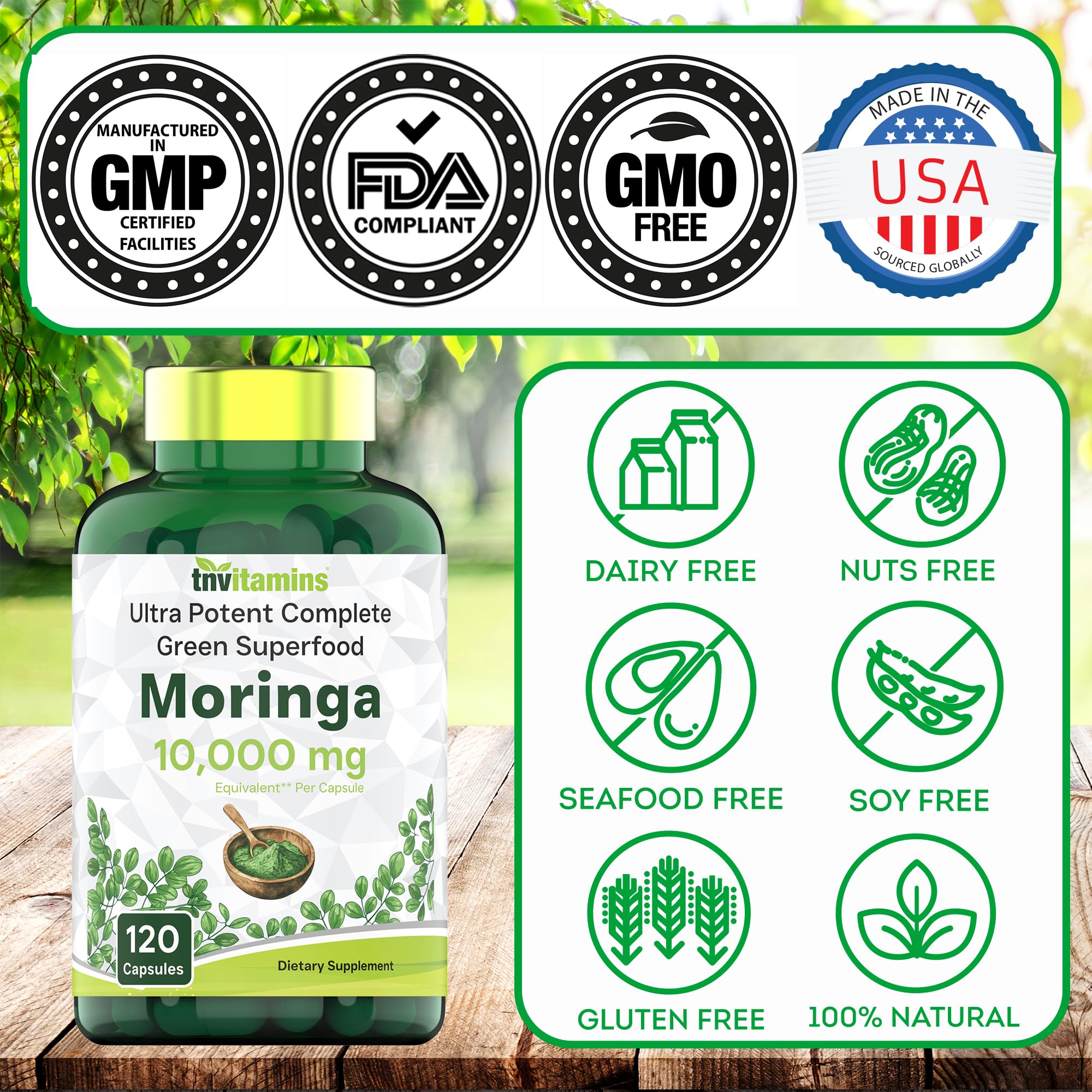 Close-up of ingredients label for TNVitamins Moringa Capsules