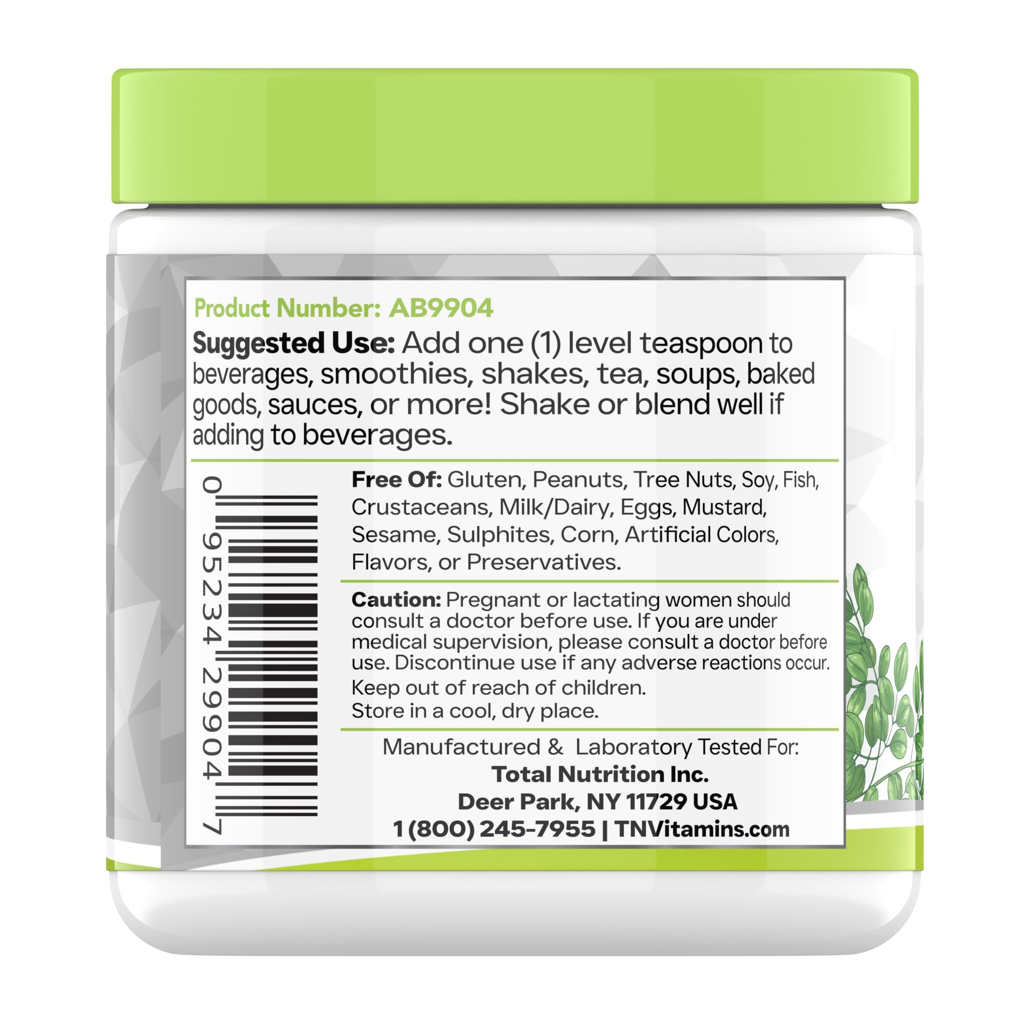 Nutrition facts panel on tnvitamins Moringa Powder jar