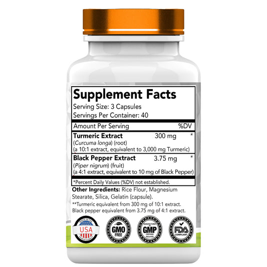 Back label of TNVitamins Turmeric Curcumin Bottle with Black Pepper