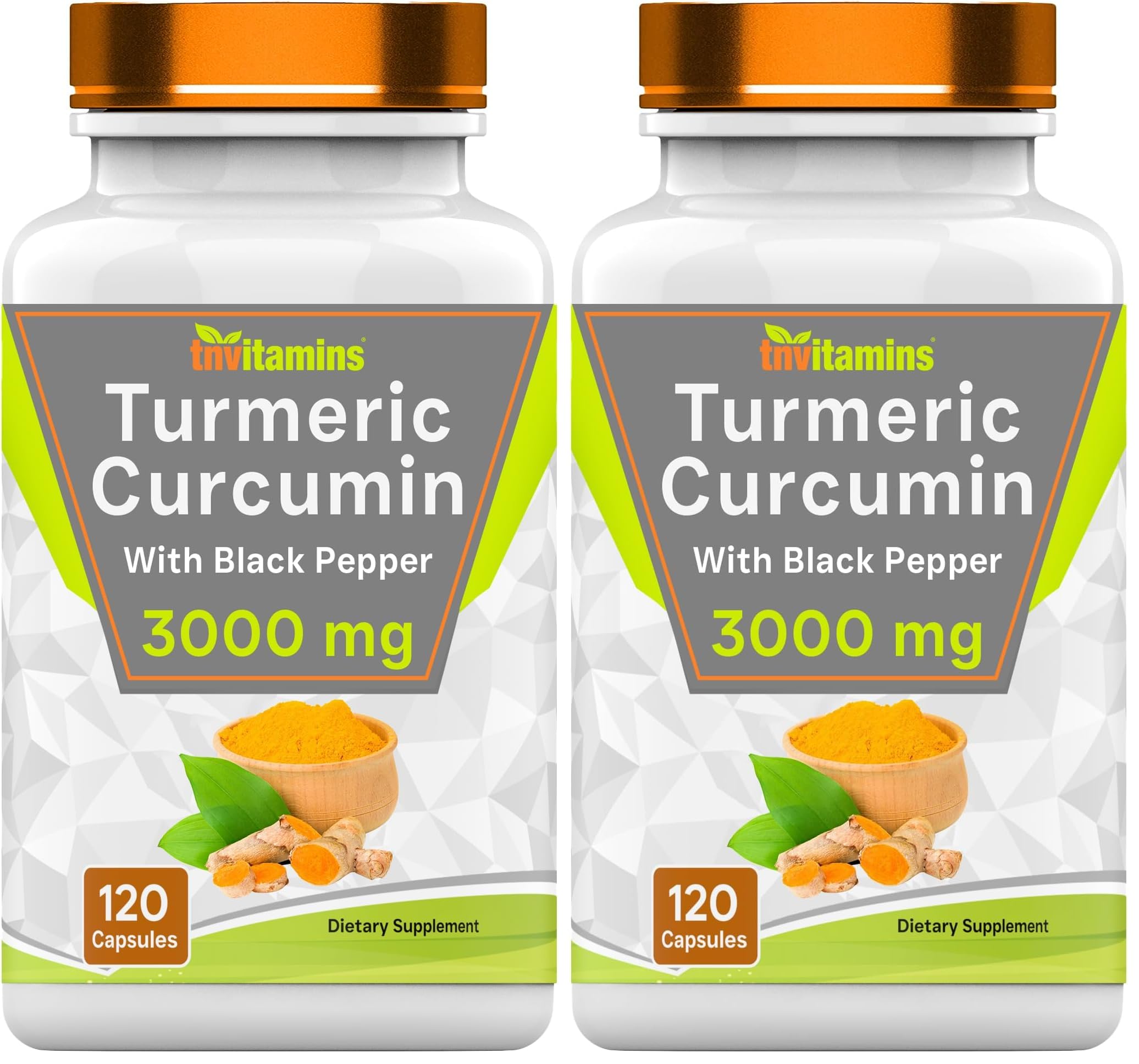 Front view of TNVitamins Turmeric Curcumin Capsules with Black Pepper bottle - 3000 mg per serving