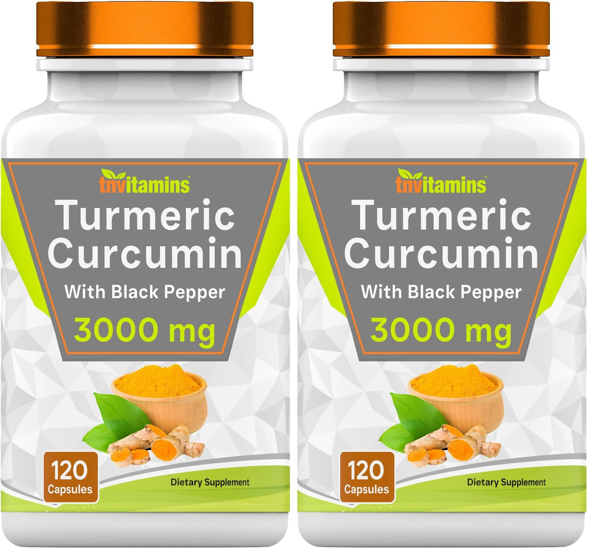 Front view of TNVitamins Turmeric Curcumin Capsules with Black Pepper bottle - 3000 mg per serving