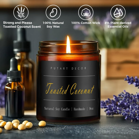 Close-up of toasted coconut candle with natural soy wax