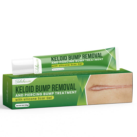 Tobcharm keloid gel tube 30g shown, convenient scar smoothing for piercing, surgery, or acne scars.