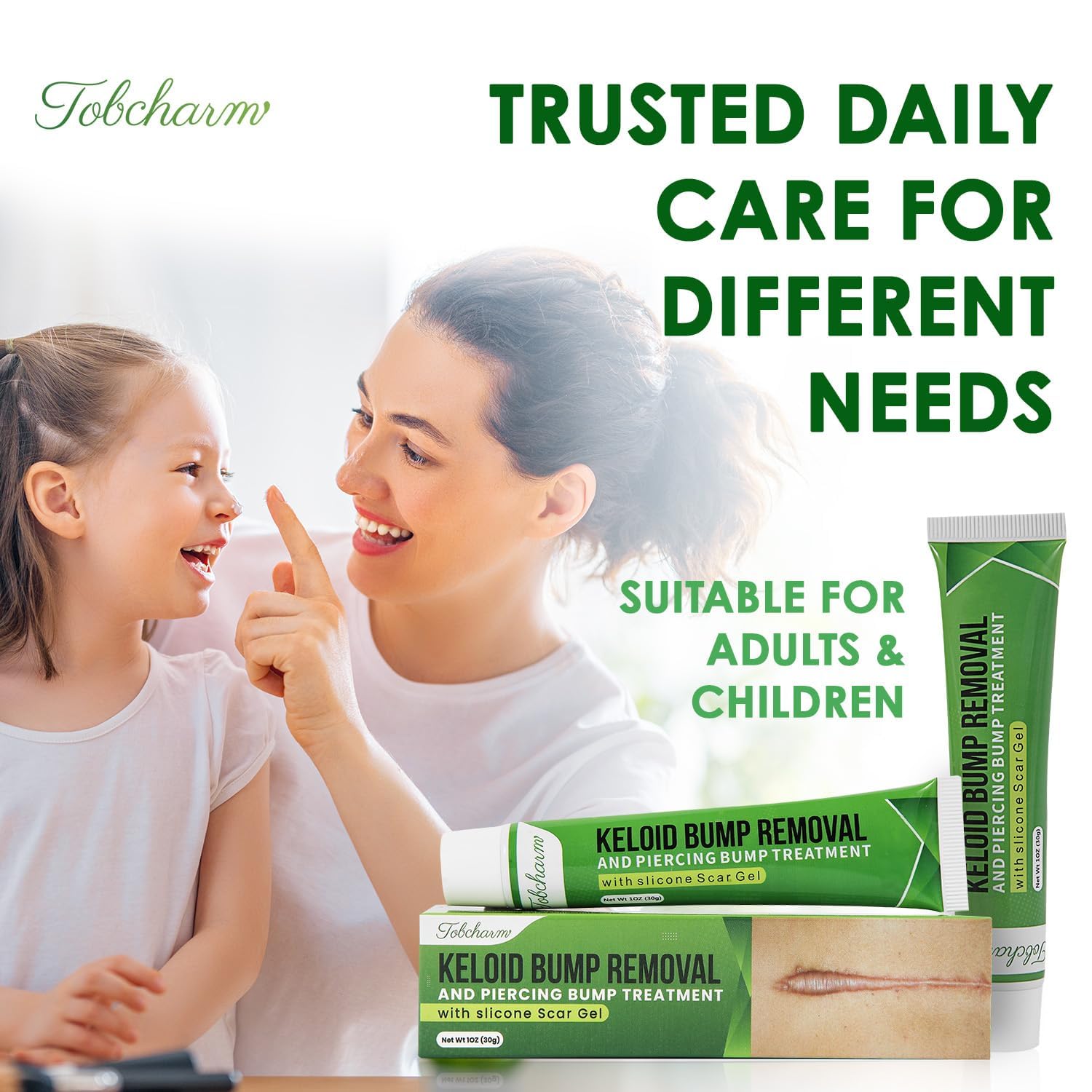 Tobcharm 30g packaging; easy-to-apply tube for daily scar care routine.