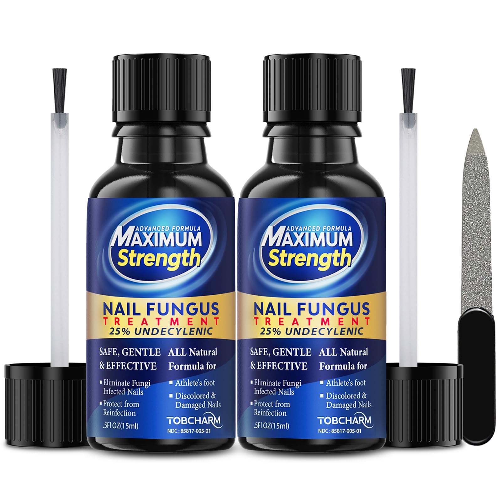 Tobcharm Toenail Fungus Treatment bottle shows 25% undecylenic acid for targeted fungus relief.
